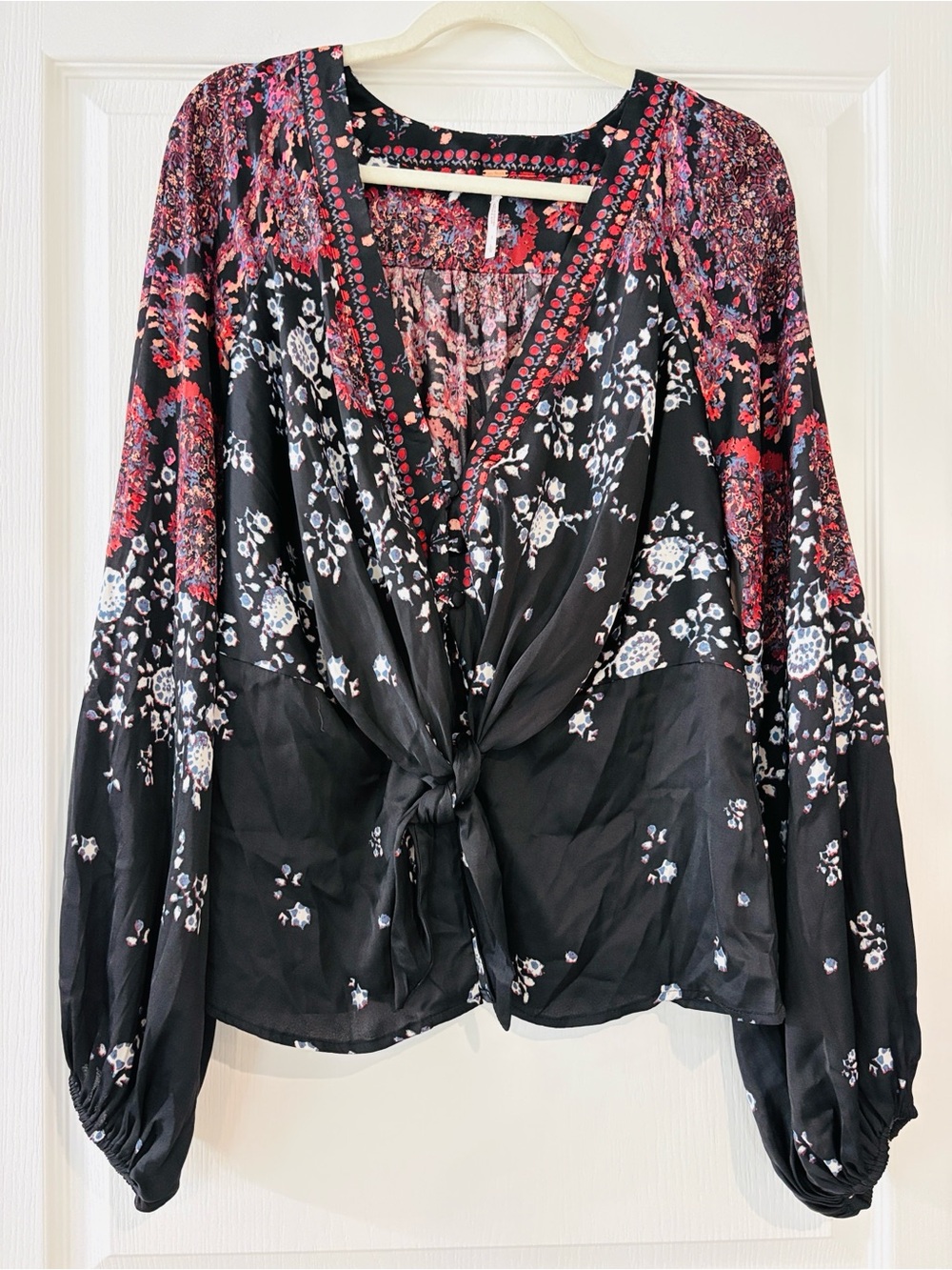 Free People Fall Perfect Black Floral Tie-Front Blouse with Pink & Red Accents